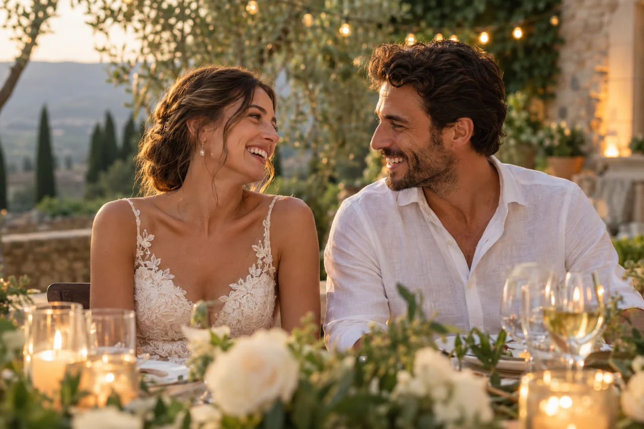Ein Hochzeitspaar lacht entspannt an einer festlich gedeckten Tafel